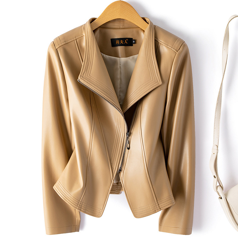Cross-Border Hot-Selling Women's Short Leather Jacket 2026 Autumn Fashion Leather Jacket with Waist Cinching Hong Kong Style Petite Biker Jacket Coat