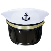 跨境专供绣花船锚船长帽子白色平顶户外节日活动沙滩派对船长帽