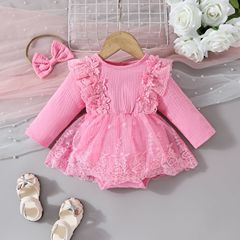 Baby lace edge crepe fabric long-sleeved triangle halter net dress sweet baby flower one-piece dress