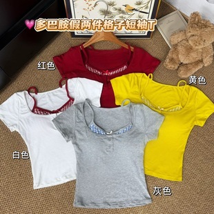 Rayon Dopamine Yellow Half Open Collar Right Shoulder Short-Sleeved T-Shirt for Women Summer = Pleated Slim Sexy Short Top