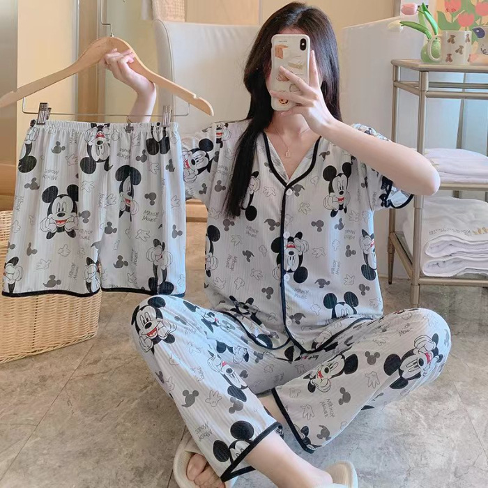 新しいカーディガンのパジャマの女性の半袖のズボンの3つのセットの漫画のかわいいレジャーの家の服の四季は外で着ることができます。|undefined