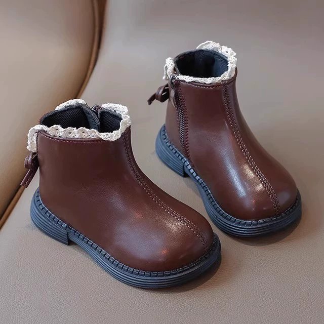 Девушка кружевной бант принцесса пинетки 2024 осень новая корейская детская мода британский стиль кожаные сапоги