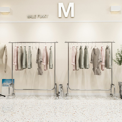 Clothing store hanging rod with wheels, stainless steel brushed silver, island-style floor-standing mobile clothes rack, shelf dedicated for women's clothing stores