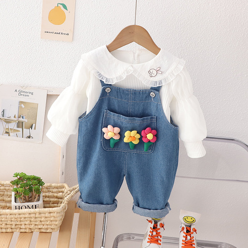 Infant girls puff sleeve mesh lapel long-sleeved top autumn baby denim overalls children's two-piece set