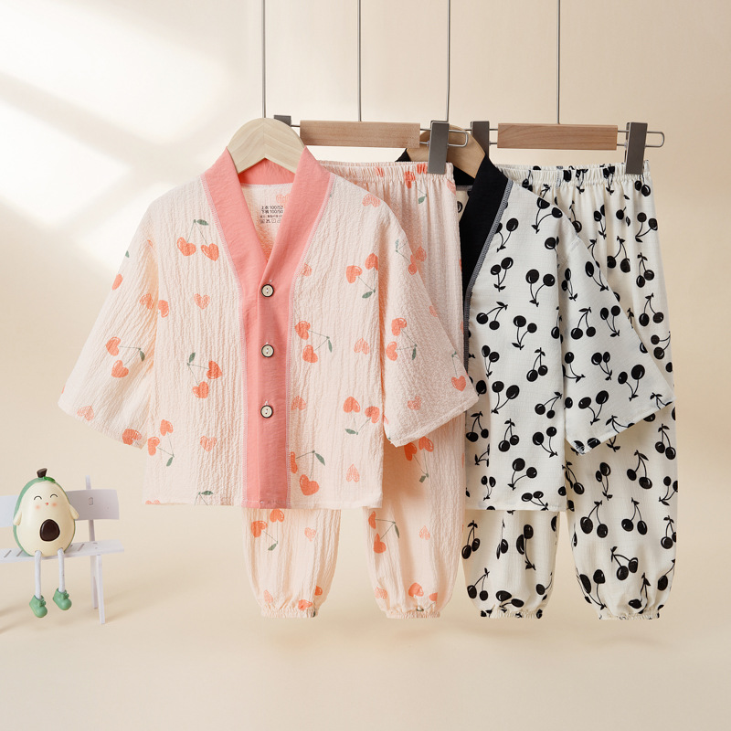Summer New Children's Cropped Sleeve Pants Pajamas suit Single-breasted Cartoon Printed Home Clothes for Boys and Girls