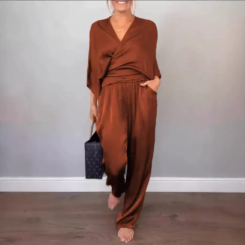 2025亚马逊独立站欧美跨境女装夏季时尚纯色缎面短袖上衣裤子套装