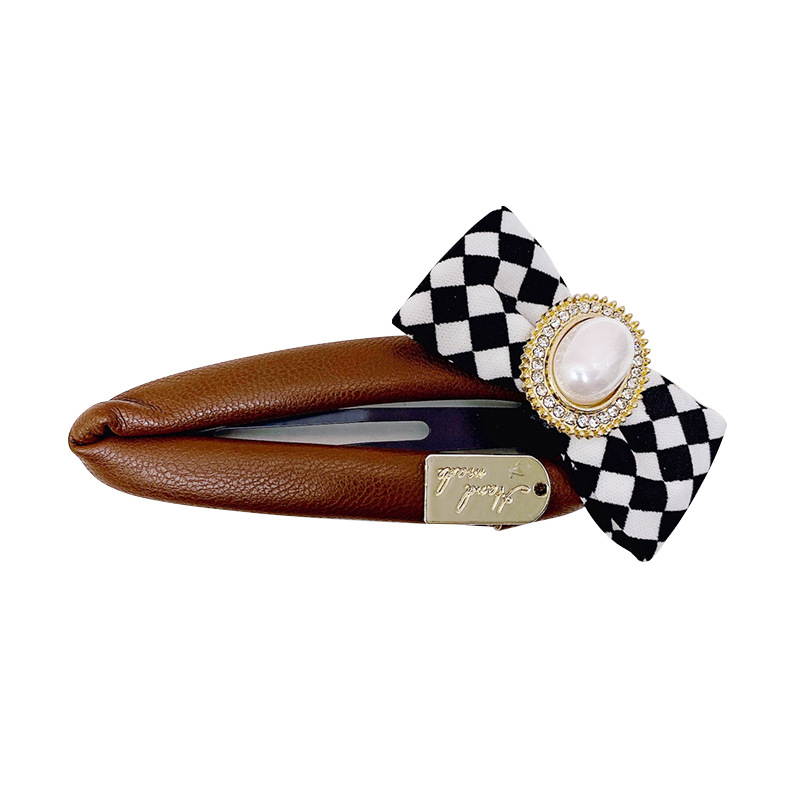 【月銷(xiāo)3000】韓國(guó)新款皮質(zhì)菱格棋盤(pán)格PU皮質(zhì)蝴蝶結(jié)BB夾