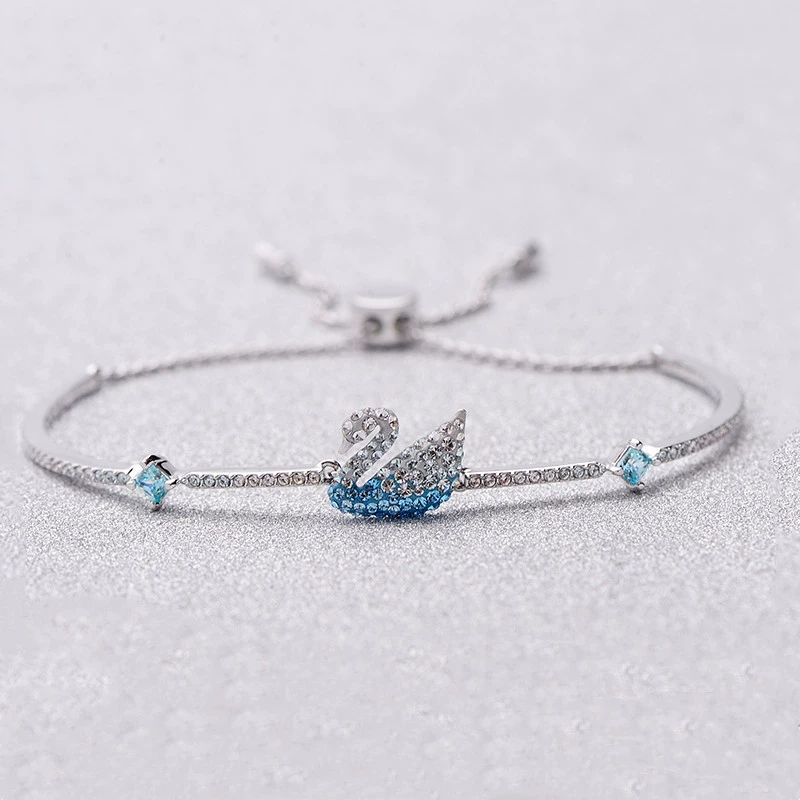 Браслет Swarovski swan, голубой свежий корейский стиль, с лебедем и кристаллами, с регулируемой застёжкой