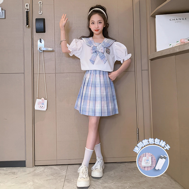 女の子jkスーツのスカート韓国版六一ショーの服の半袖夏服の学院の風の女の子のプリーツのスカートの2つのセットのファッション|undefined