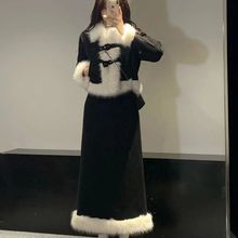 冬季小香风套装裙两件套麂皮绒夹棉外套后开叉半身裙套装女网红款