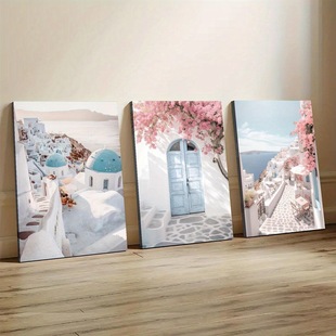 Blue Santorini Summer Street View Pink Floral Hotel Living Room Bedroom Decoration Frameless Hanging Painting Core Poster