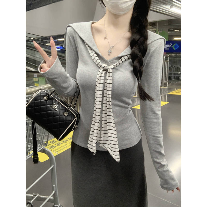 学院风撞色条纹披肩打底衫女秋季海军领假两件长袖减龄修身短上衣|undefined