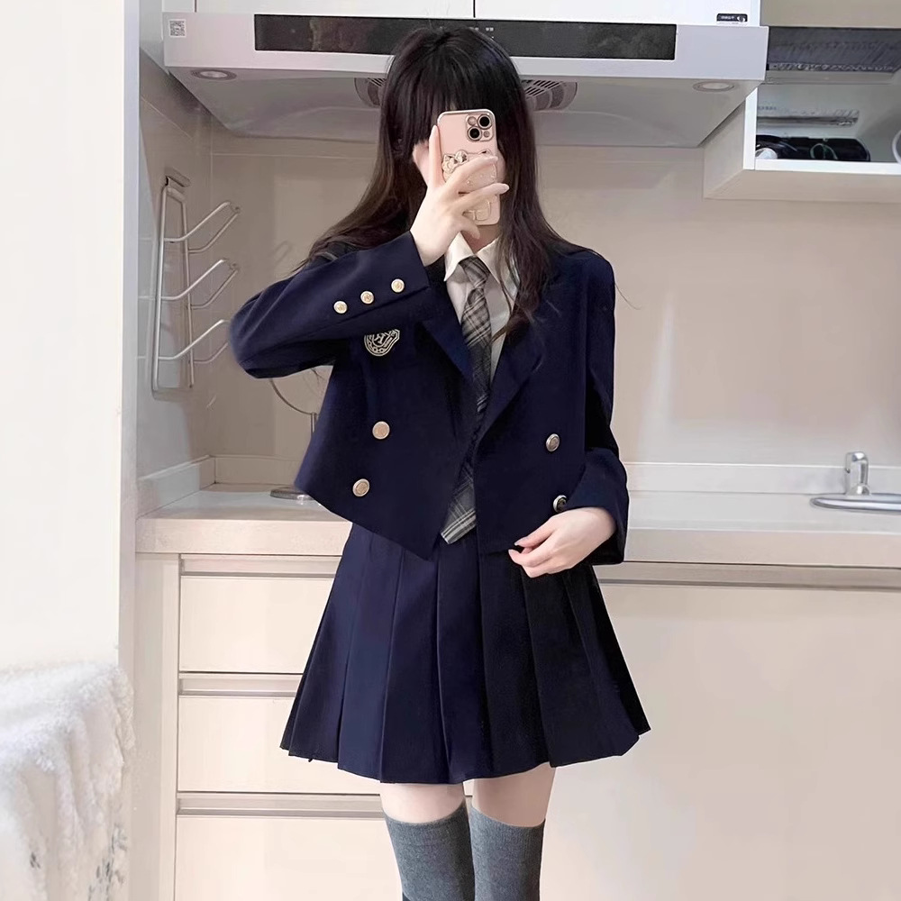 Korean-style Daughter Women's Pleated Skirt JK Uniform Skirt Academic Style suit Small English Style Suit Spring and Autumn Three-piece Set