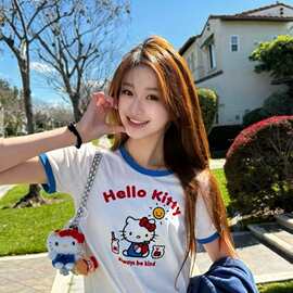 2025新品小众超爱kitty猫减龄印花撞色正肩百搭圆领短袖T恤女