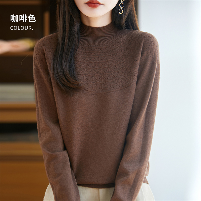 一线成衣镂空针织衫女秋冬新款内搭打底衫套头长袖无缝半高领毛衣|undefined