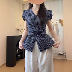 微胖巨瘦大码胖mm蕾丝边格子短袖衬衫女夏季不规则设计感绑带上衣