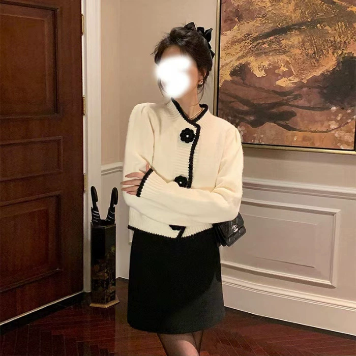Women's Demi-Season Cardigan, Chanel-Style Chinese Design, White/Black, One Size