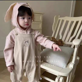 秋季可爱兔子条纹上衣背带裤套装女宝ins风韩版长袖连体服两件套