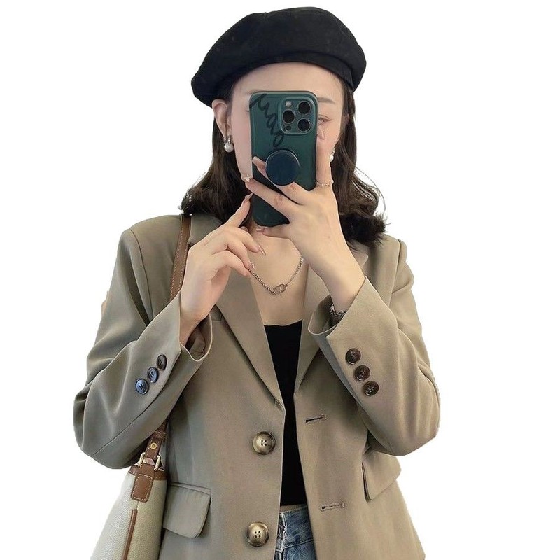黒い短いスーツのコートの女性の小さい子の2025春秋の新型の女性の上着の高級な質感の正装の小さいスーツ|undefined
