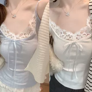 胖mm200斤大码纯欲蝴蝶结蕾丝边性感吊带背心女夏季宽松打底上衣