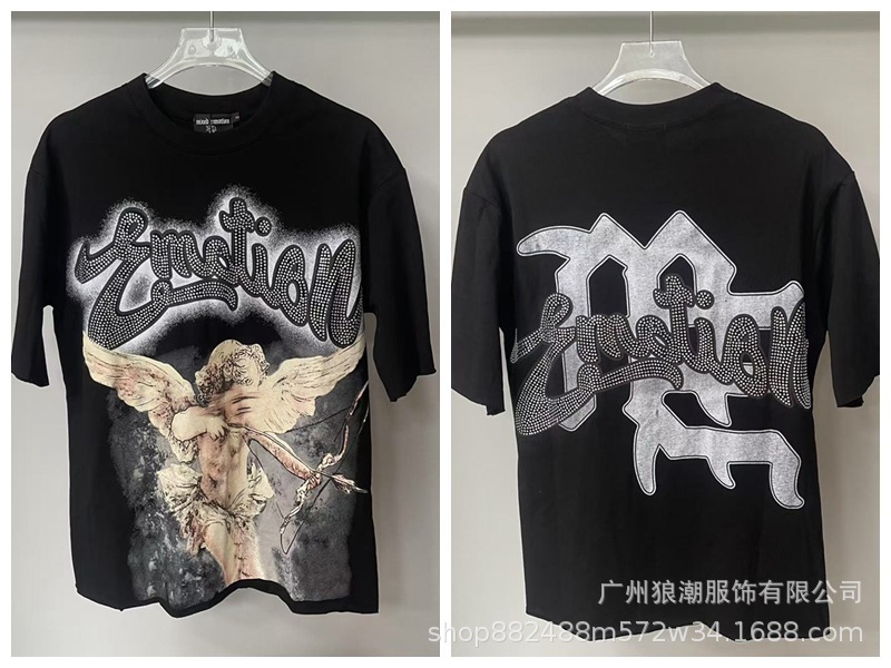 MIXED EMOTION レトロホットダイヤモンドプリントロゴ美しいトレンディなラウンドネックルーズカジュアル半袖Tシャツ男性と女性用|undefined