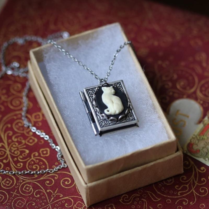 Book, Cat Pattern Retro Book Cat Copper Plating Pendant Necklace