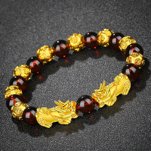 24 k gold plated pixiu god wealth luck bracelets for unisex animal transport bead garnet red crystal placer gold bracelet money bead string beads hand rope