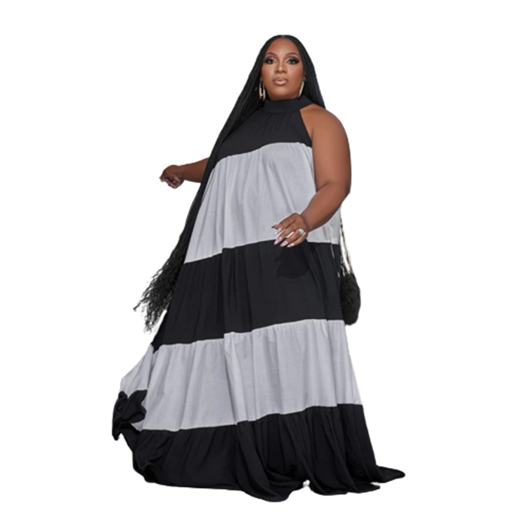 Women's plus-size splicing color contrast long swing dress_voghion.com