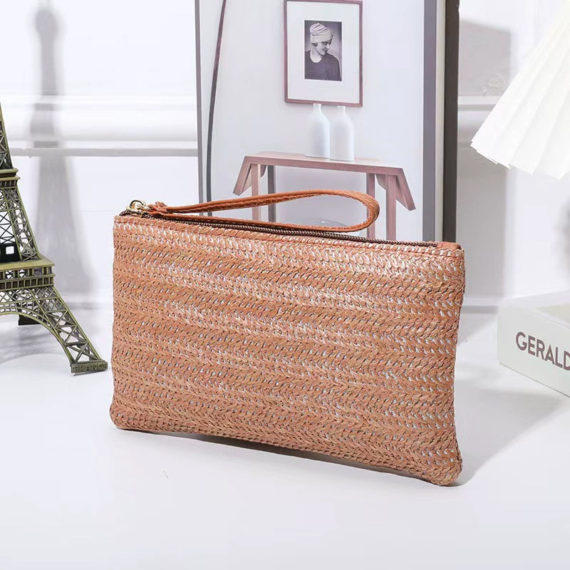 Customized mini wallet woven handbag with zipper, fashionable travel beach bag, cross-border clutch bag with embroidered logo Customized mini wallet woven handbag with zipper, fashionable travel beach bag, cross-border clutch bag with embroidered logo