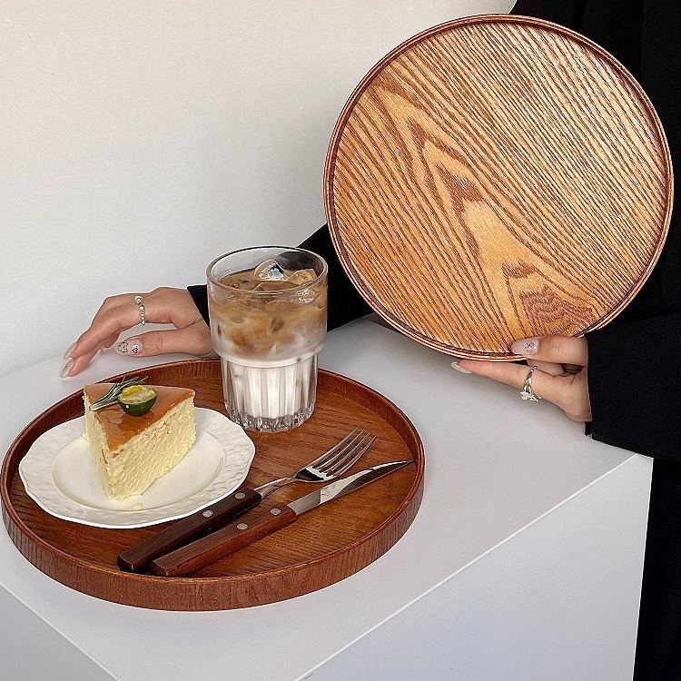 25N Ins Style Round Wooden Tray Ornaments Desktop Storage Tray Fruit Tray for One Person Home Dining Tray