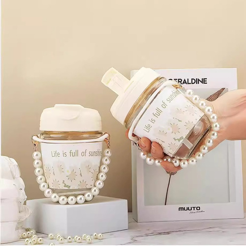 High-definition glass cup printed with pearl design, gift straw cup, portable water cup, coffee double drink cup, souvenir cup