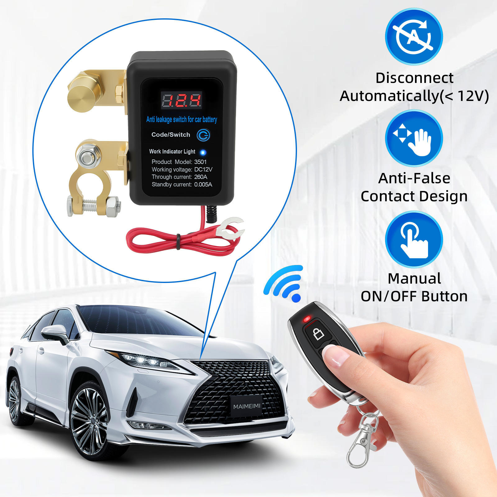 Universal 12V/24V high-current battery disconnector for cross-border trucks and cars, anti-drain protection switch with intelligent remote control