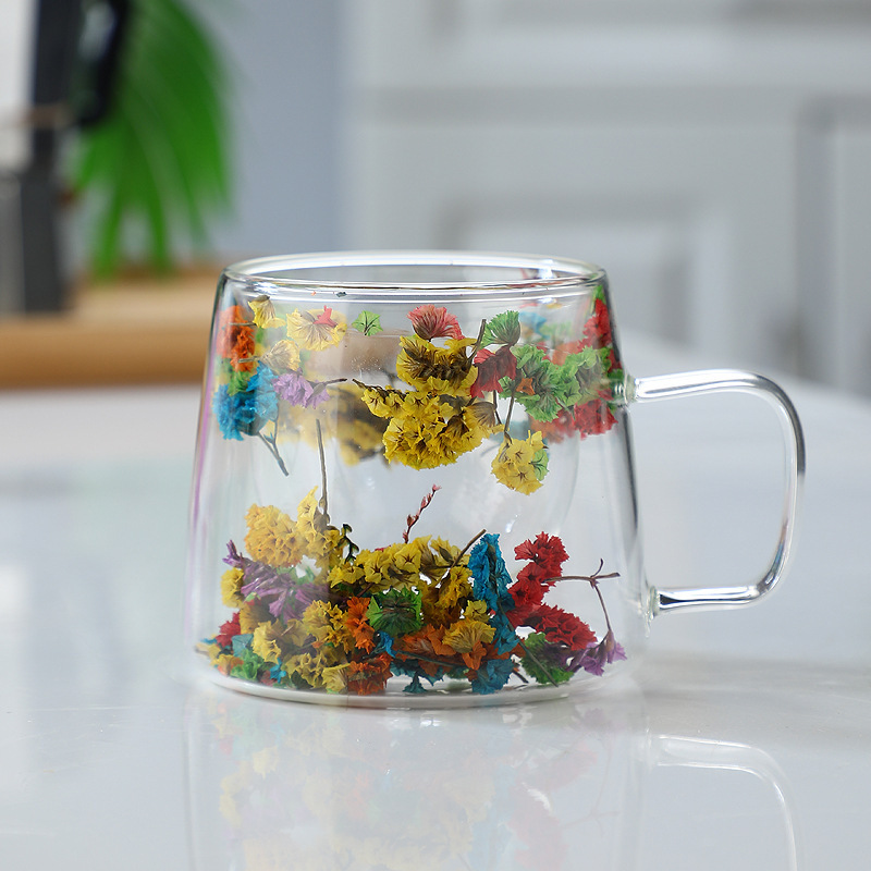 Cross-border Packaging: Trendy Real-flower Glass Cup, High-appearance Coffee Cup Handle, Double-layer Mug With Dried_voghion.com