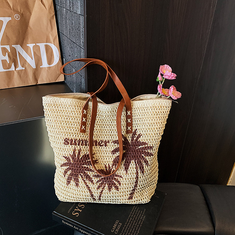 Beach Vacation Style Large Capacity Coconut Tree Print Straw Bag Women's Summer New Woven Shoulder Bag - Thumbnail 2