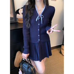 早秋V领木耳边系带蝴蝶结针织衫甜美风毛衣女撞色减龄长袖T恤上衣