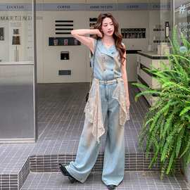 港风复古薄款工装无袖牛仔连体裤女夏季又酷又飒宽松休闲阔腿长裤