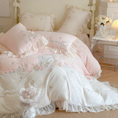 French Romantic Princess Style Winter Milk Fleece Four-Piece Set Warm Thick Double-Sided Coral Fleece Teen Girl Bedding Set