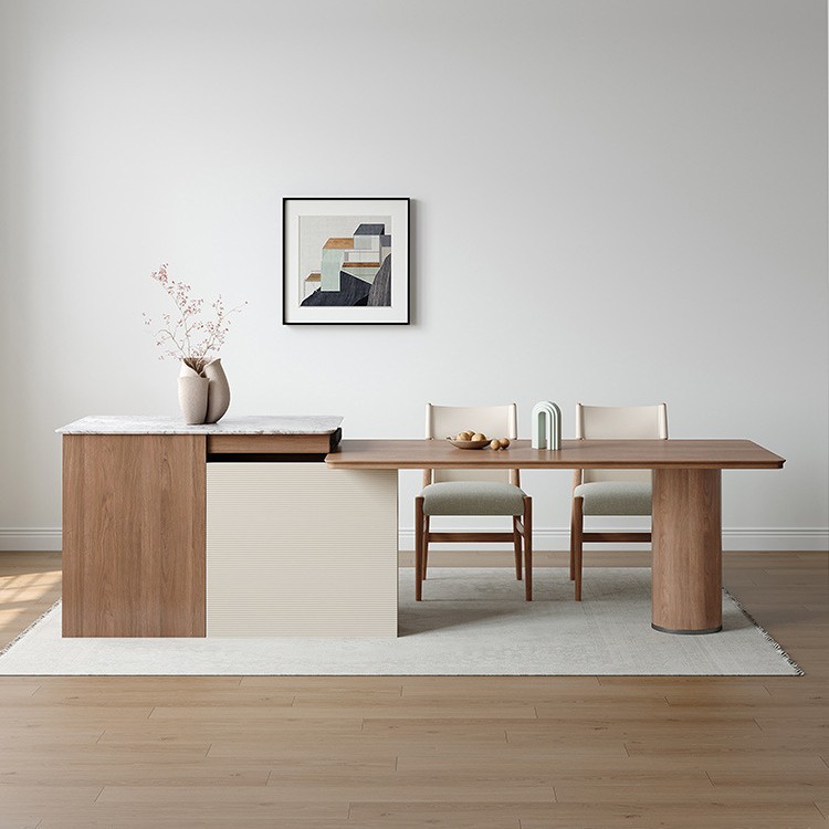 Mesa guía y mesa de comedor integrada mármol retráctil, grano de madera de nogal negro, lujo ligero, sensación de alta gama, almacenamiento doméstico de Nakajima