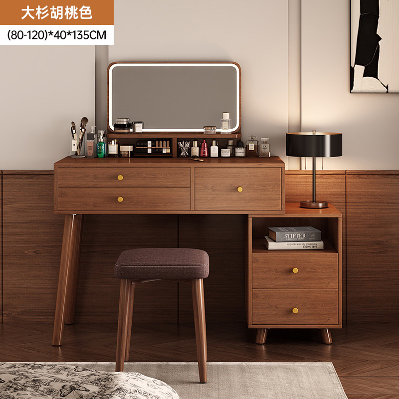 [서랍 3개 + 서랍 2개 측면 캐비닛 + LED 거울] 80-120cm 월넛 컬러 + 소프트 스툴