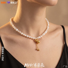 法式温柔复古小众颈饰 不锈钢镀金淡水珍珠小金球流苏吊坠饰品女