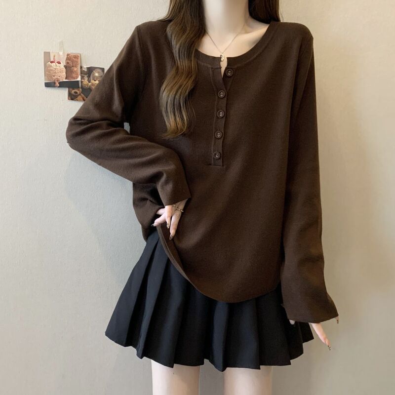Plus Size Design Button Half Open Collar Long-Sleeved Top for Women Early Autumn 2025 New Loose Slimming Look Bottoming Shirt