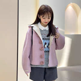 【粉糯雅韵】韩系新款连帽甜美粉白拼接短款羊毛大衣外套HL139