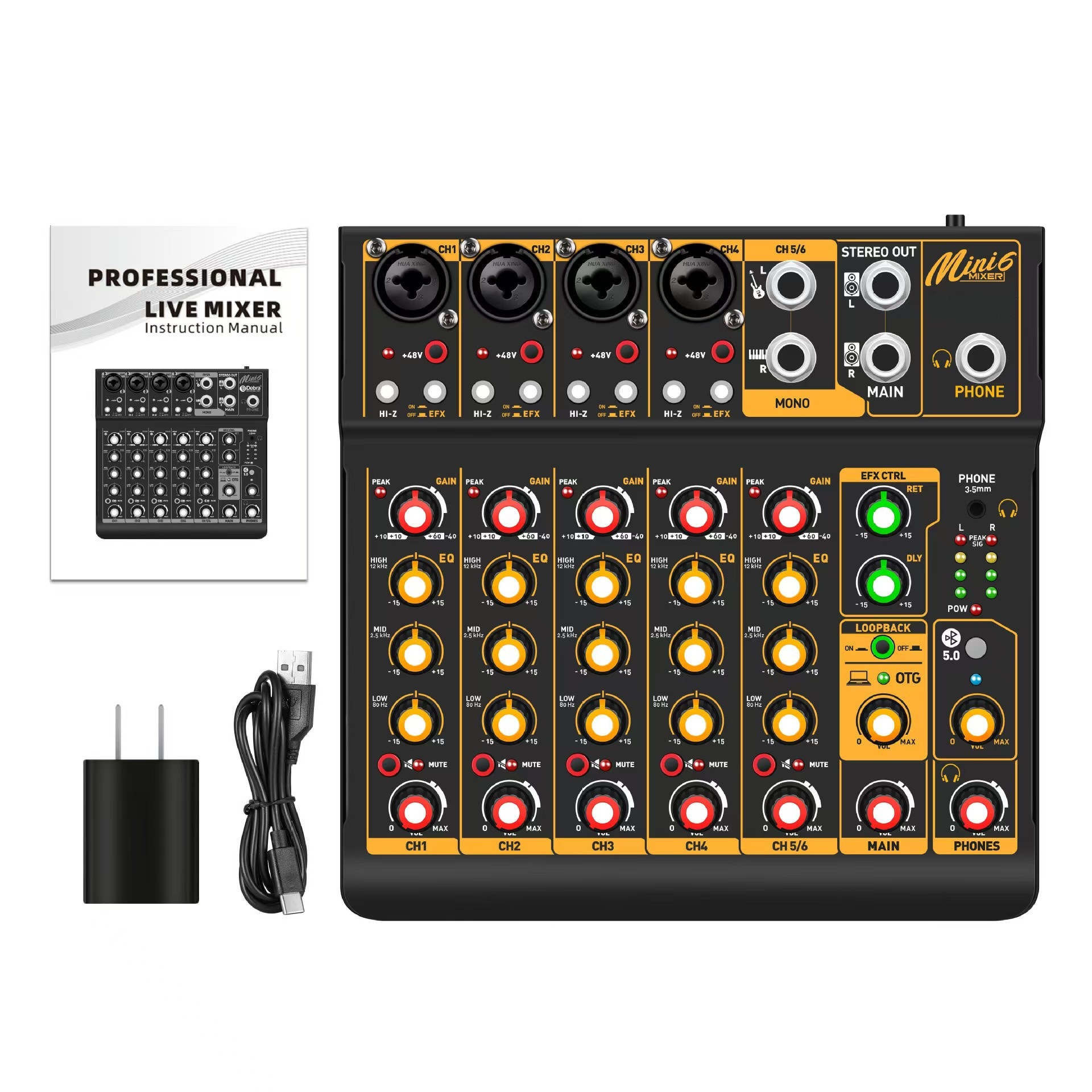 Mini mezclador de cuatro vías con efecto OTG tarjeta de sonido Bluetooth USB grabación de la computadora Inglés tarjeta de sonido en vivo transfronteriza