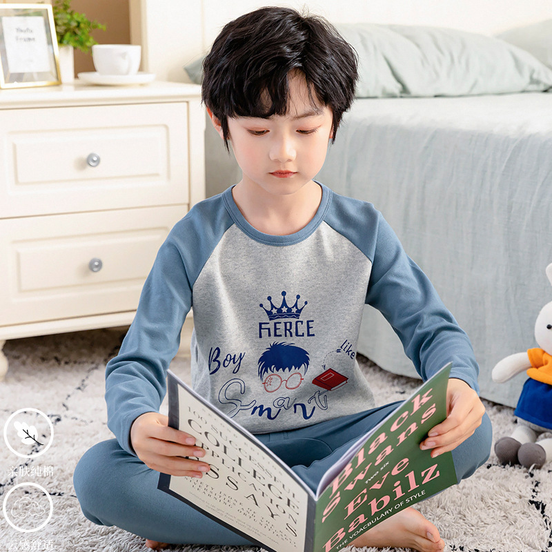 Boys' Thermal Autumn Clothes and Pants, Baby All-Cotton Sweater, Big Kids' Pajamas, Children's Underwear Set, Pure Cotton Boys' Spring and Autumn
