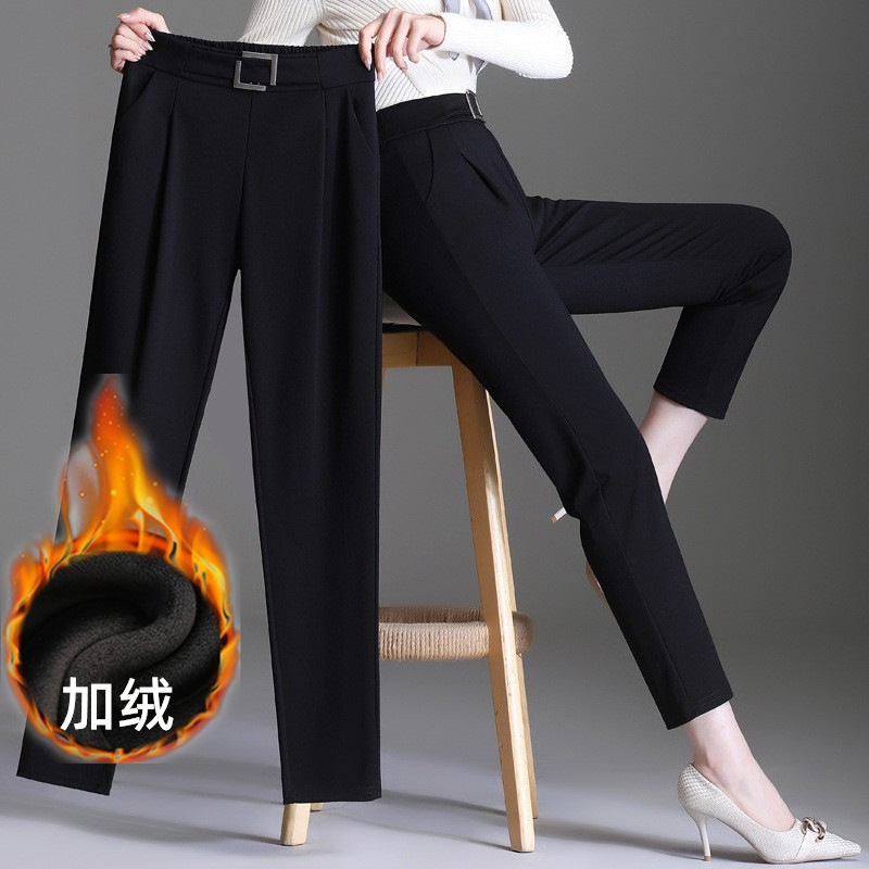 加绒西装裤九分秋冬加厚高腰大码哈伦裤萝卜长裤黑色休闲女装西裤