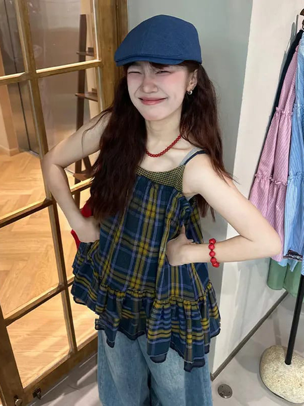 法式复古格纹无袖吊带女夏季小众别致宽松显瘦花边短裙上衣撞色|undefined