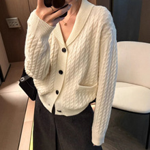 韩系复古老钱风绞花纹毛衣开衫女秋冬宽松慵懒高级感针织外套上衣