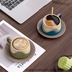 高颜值釉画咖啡杯设计感小众手工陶瓷带碟情侣红茶杯生日刻字