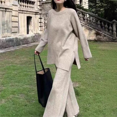 开叉毛衣套装女秋冬新款韩版宽松外穿慵懒风跨境休闲阔腿裤两件套