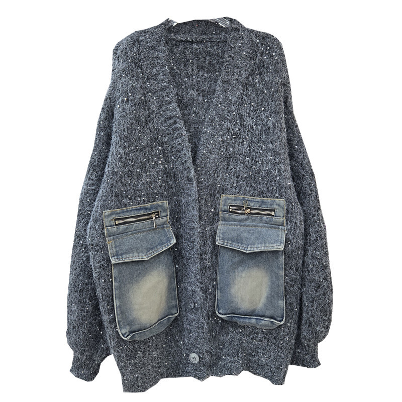 Europa y América industria pesada jeans empalme suéter mujeres 2025 otoño y invierno nuevo abrigo de punto de seda brillante image 2